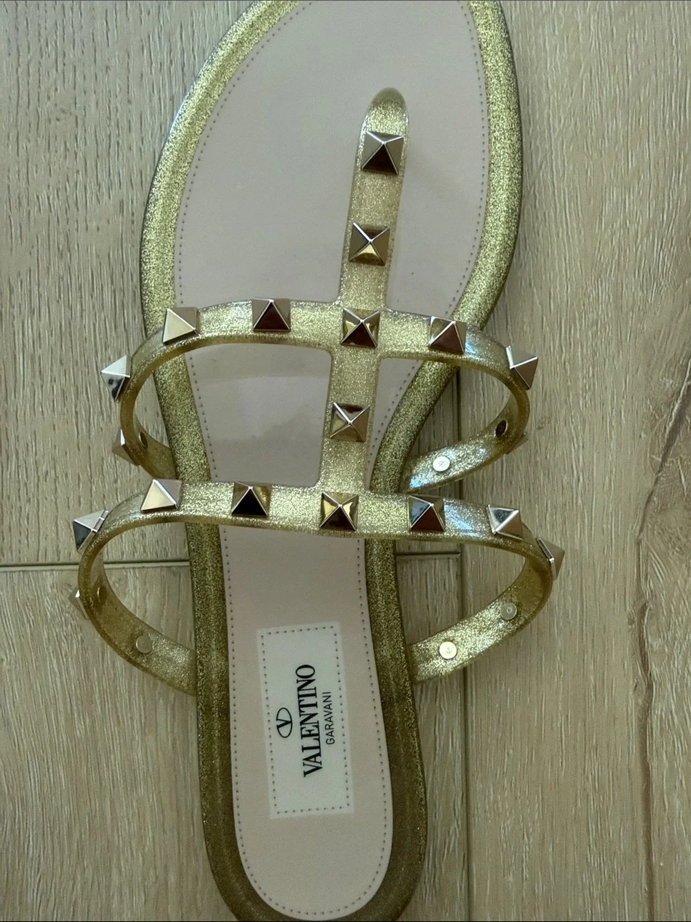 Valentino Metallic Gold Rockstud Strappy Toe-Loop Sandals